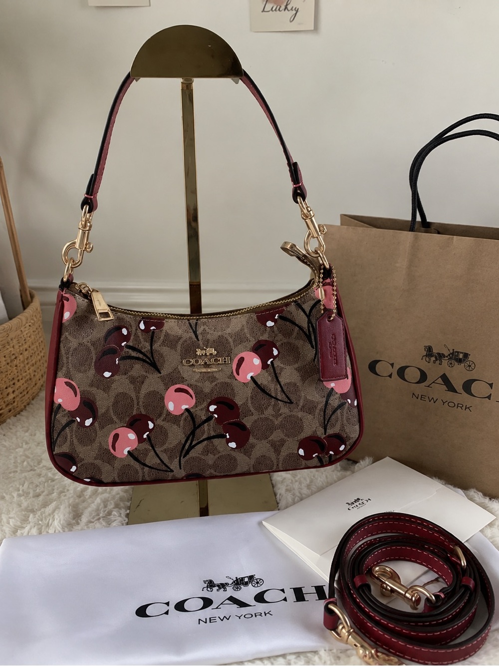 Coach Brown Signature Canvas Crossbody Bag with Pink & Burgundy Cherry Print